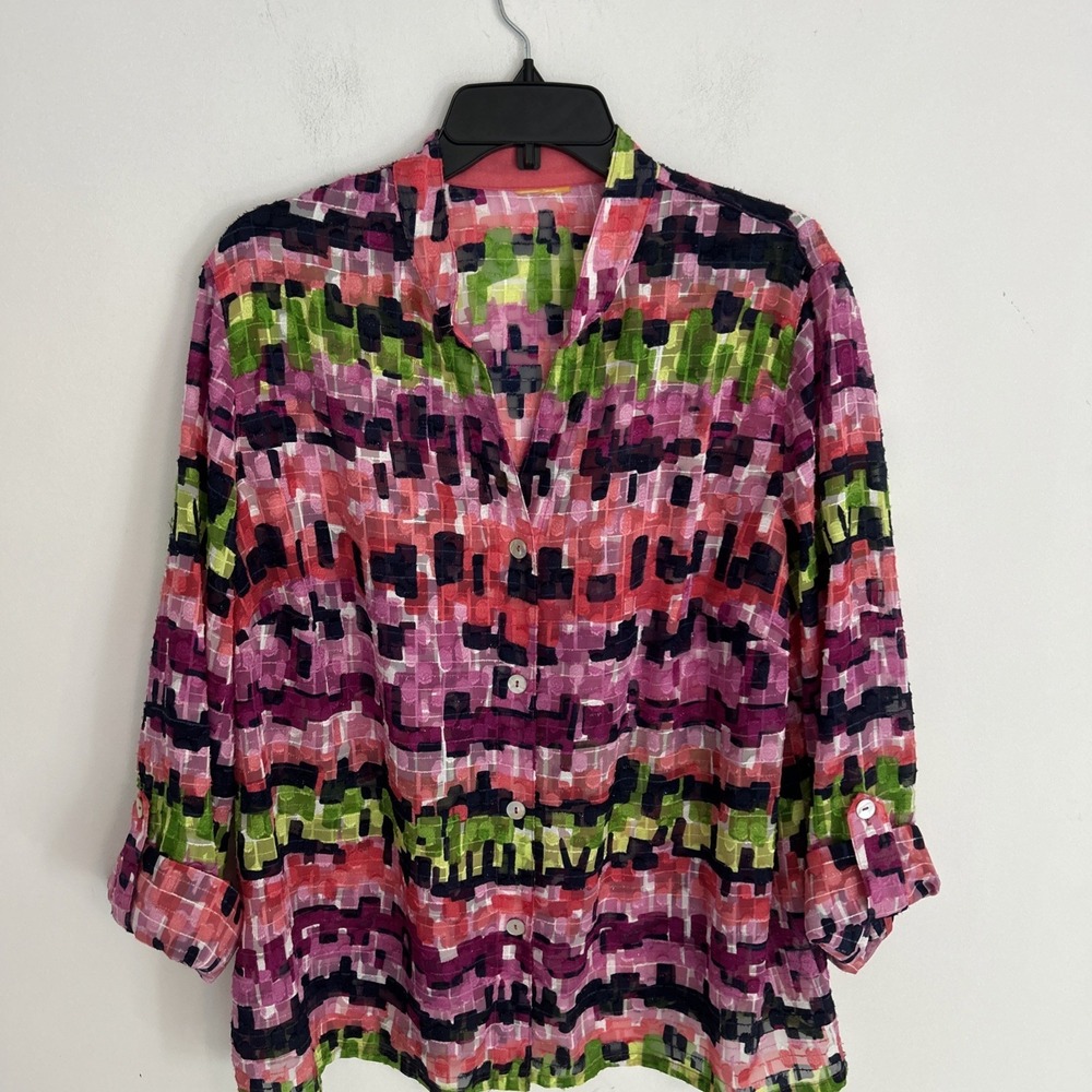 Ruby Rd XL Pearl Button Up Tab Sleeves Multicolor Semi Sheer Blouse Art To Wear
